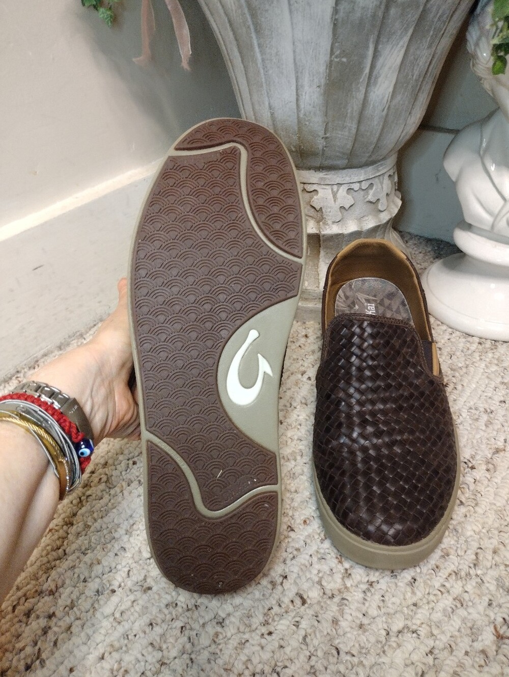 OluKai Lae'ahi Lahuhala Men’s Dark Brown Hand Woven Leather Slip-On Loafers - Picture 8 of 9